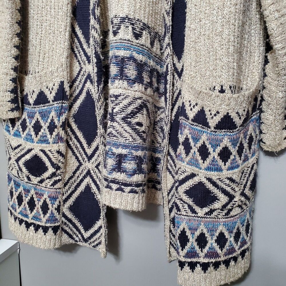 Lucky Brand Cardigan Sweater Size L/XL Oatmeal Tribal Aztec Western Open Front - Picture 5 of 12